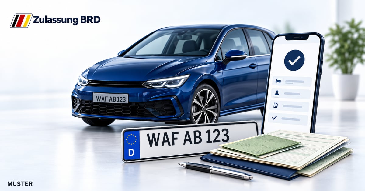 Online Fahrzeugzulassung in Telgte: Musterkennzeichen WAF AB 123, Auto und Fahrzeugpapiere und Smartphone. Illustration mit Logo von Zulassung BRD.